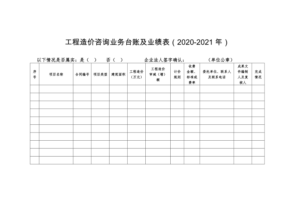 最新工程造价咨询业务台账及业绩表(清风范文)